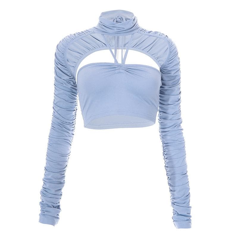 Zweiteiliges Crop-Top mit Rollkragen, gerüschten langen Ärmeln und Neckholder