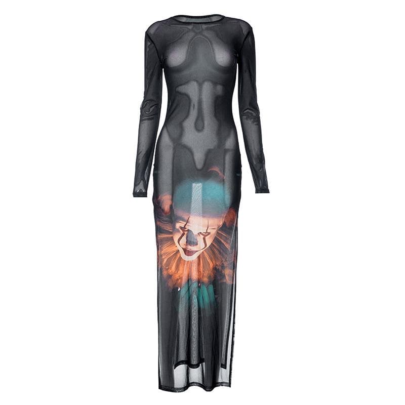 Joker pattern long sleeve sheer mesh see through slit maxi dress