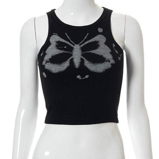 Camiseta sin mangas con estampado de mariposas y cuello redondo 