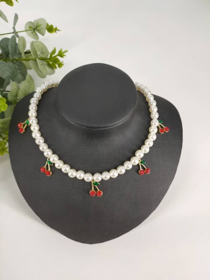 Cherry pendant multicolor choker necklace