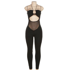 Mesh patchwork solid hollow out backless halter pant set