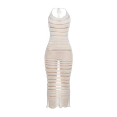 Halter self tie u neck knitted see through backless maxi dress