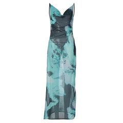 Slit chiffon tie dye contrast backless cowl neck cami maxi dress