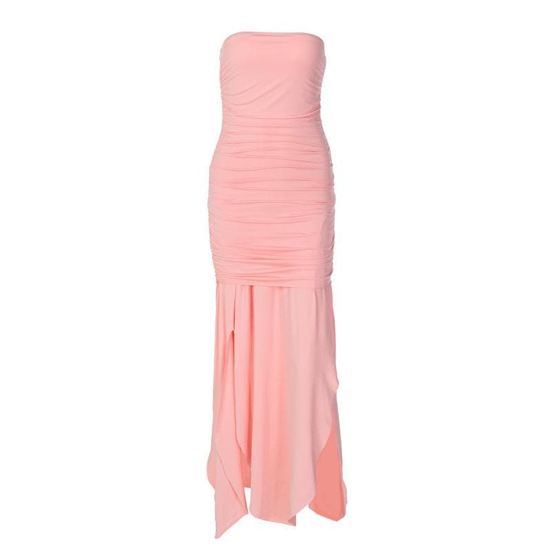 Ruched solid slit irregular backless tube maxi dress