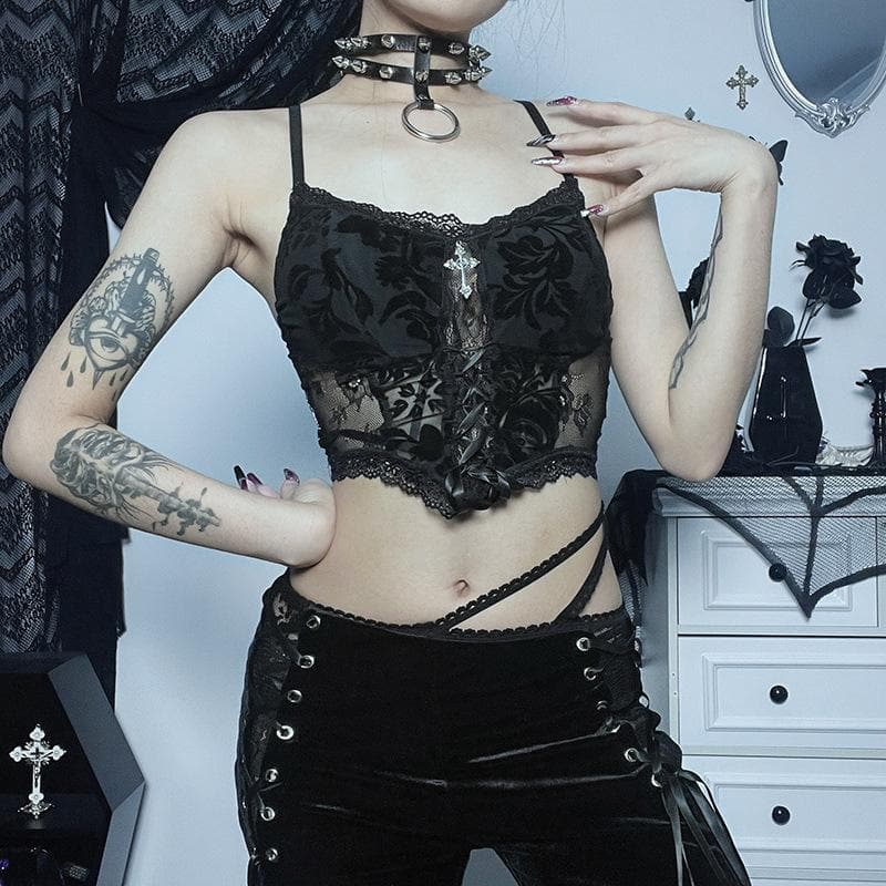 Lace patchwork solid cross applique lace up crop top