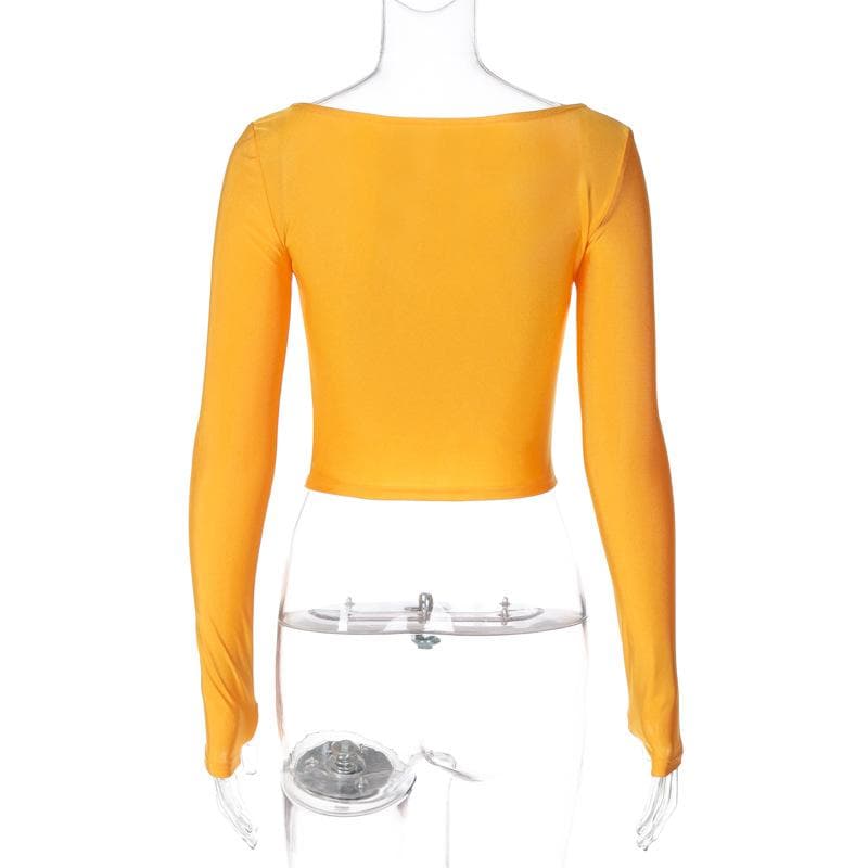 Ruched long sleeve gloves v neck solid crop top