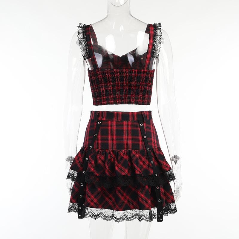 Lace hem ruffle lace up plaid smocked backless mini skirt set