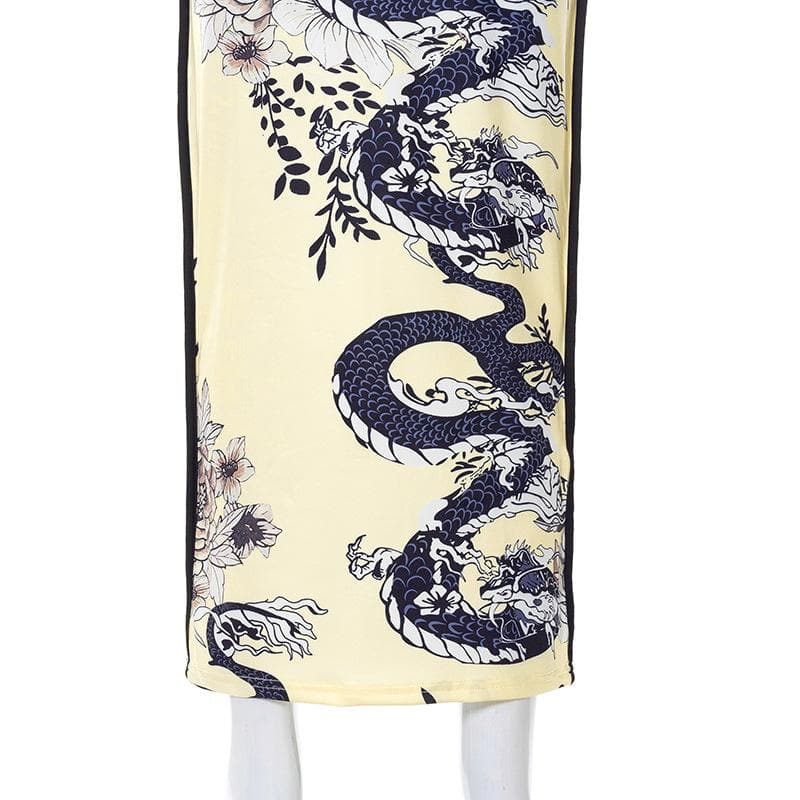 Dragon pattern v neck contrast backless cami maxi dress