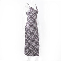 Plaid contrast v neck backless cami maxi dress