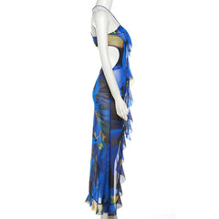 Vestido largo con estampado en contraste, abertura y malla transparente, sin espalda y cruzado en la parte delantera 