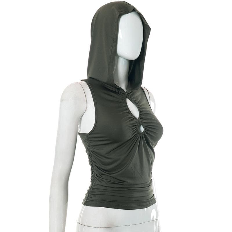 Hoodie hollow out solid ruched sleeveless top