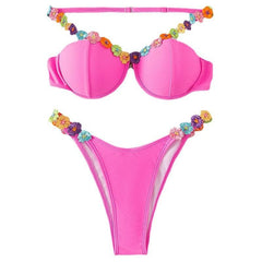 Rückenfreier gepolsterter Bikini mit Blumenstickerei und Kontrast