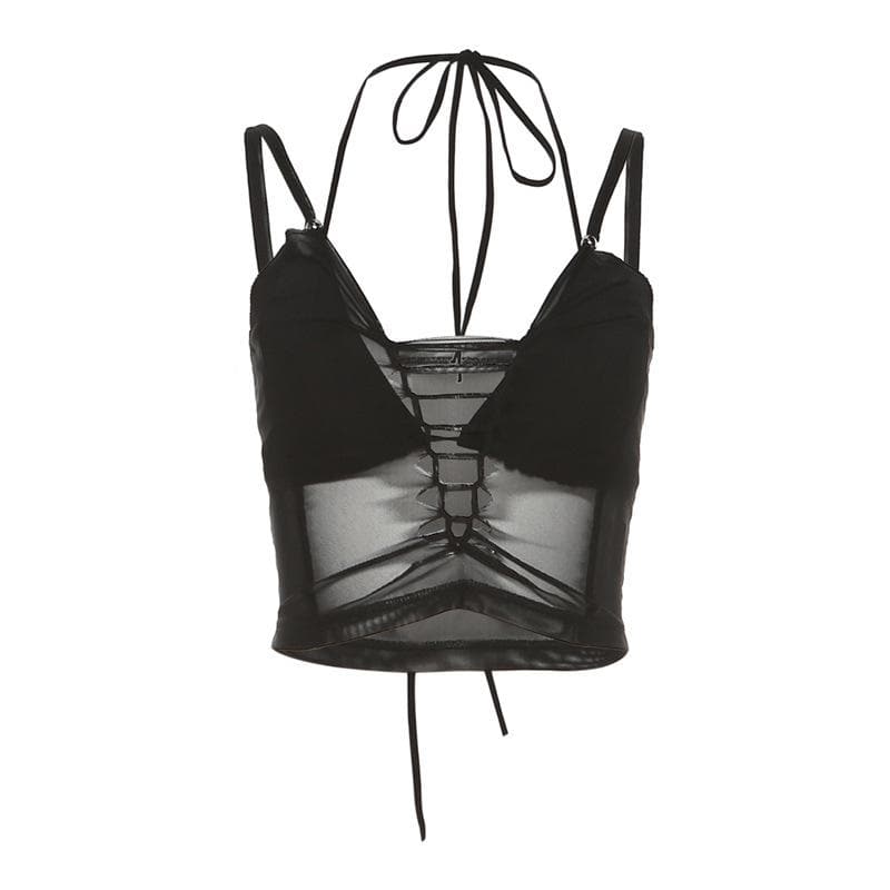 Zweiteiliges, rückenfreies Camisole-Crop-Top aus massivem Netzstoff mit ausgehöhltem Neckholder und Selbstbindung