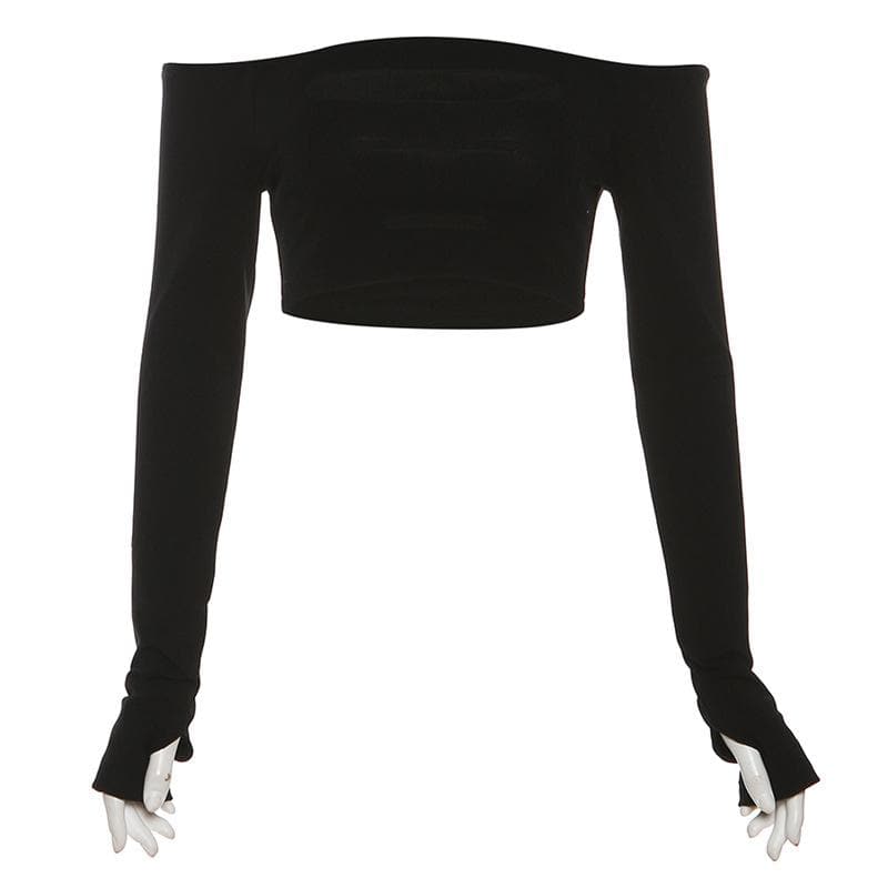 Hollow out off shoulder gloves long sleeve solid crop top