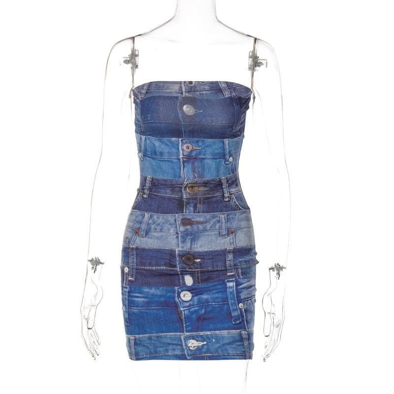 Denim print contrast backless tube mini dress