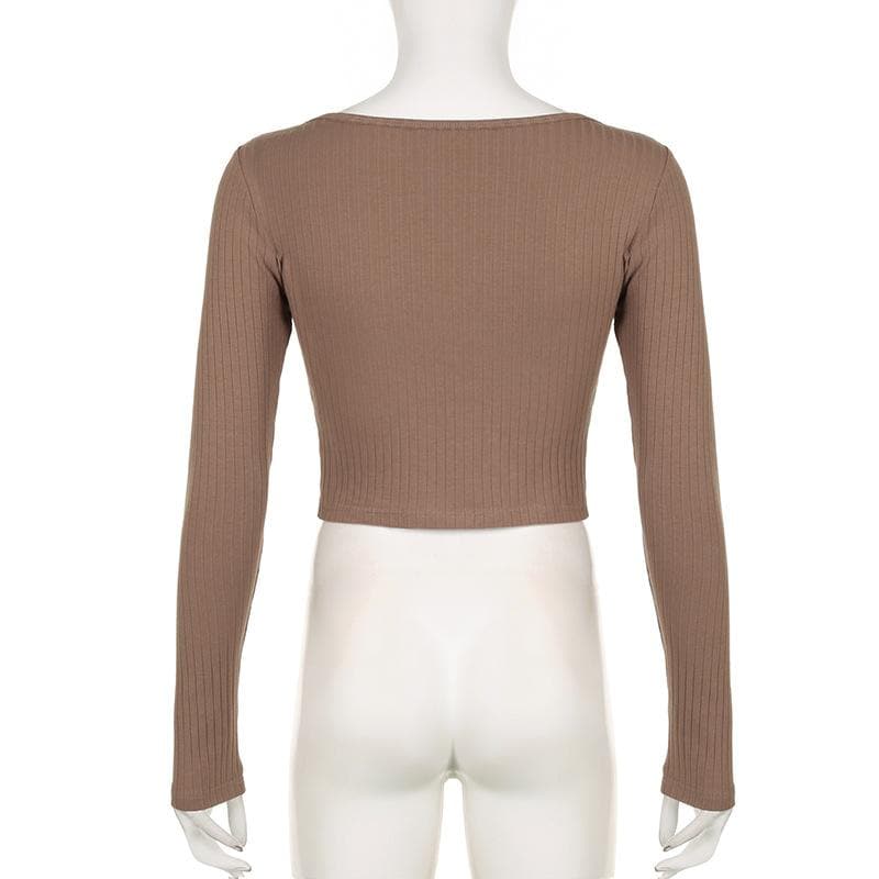 Ribbed bear pattern contrast long sleeve self tie square neck crop top