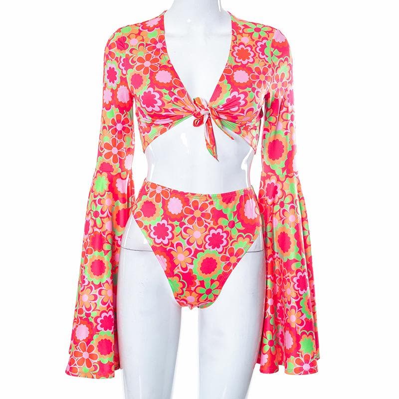 Flower print contrast flared sleeve self tie v neck pant set