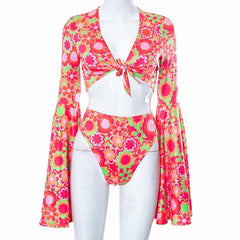 Flower print contrast flared sleeve self tie v neck pant set