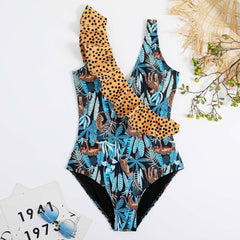 Ruffle contrast leaf print irregular one piece swimwear