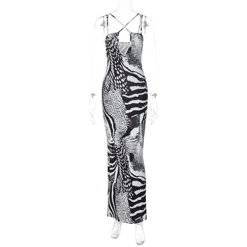 Contrast print cross front backless low cut maxi dress