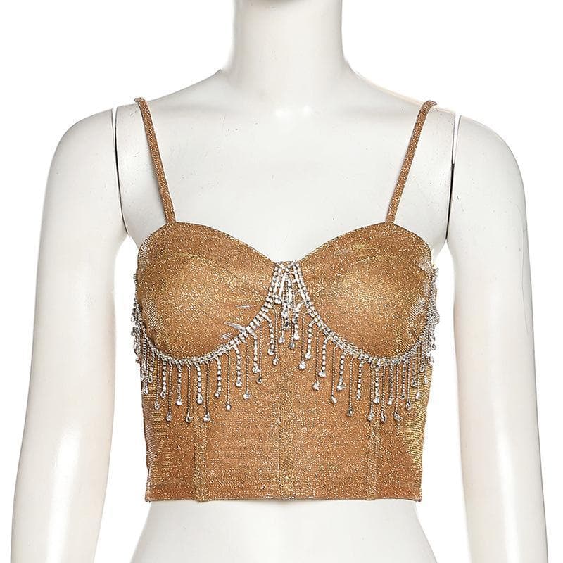 Glitzerndes Camisole-Crop-Top mit Quaste und Herzausschnitt 