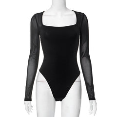 Langärmliger Bodysuit aus einfarbigem Mesh mit quadratischem Ausschnitt und Patchwork