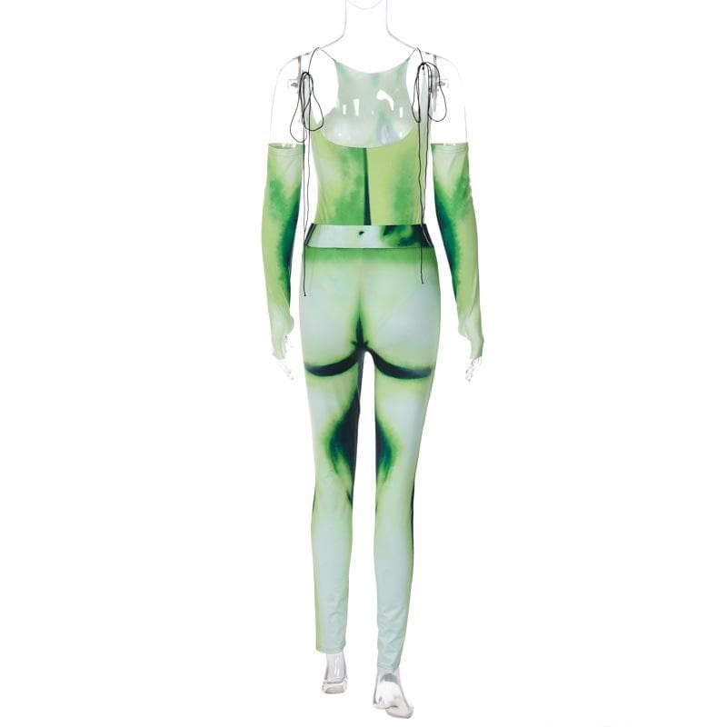 Rückenfreies Bodysuit-Hosen-Set mit Body-Muster und Kontrasthandschuhen zum Selbstbinden