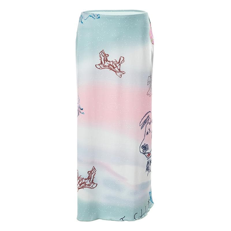 Dog pattern low rise tie dye contrast maxi skirt