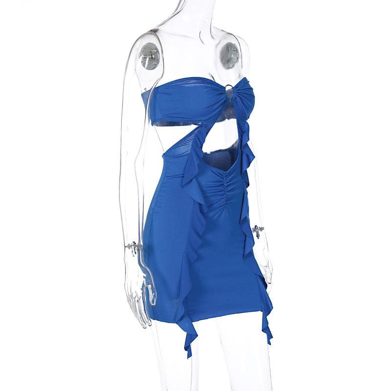 Gerafftes, ausgehöhltes, einfarbiges, rückenfreies Mini-Tube-Kleid mit O-Ring-Rüsche