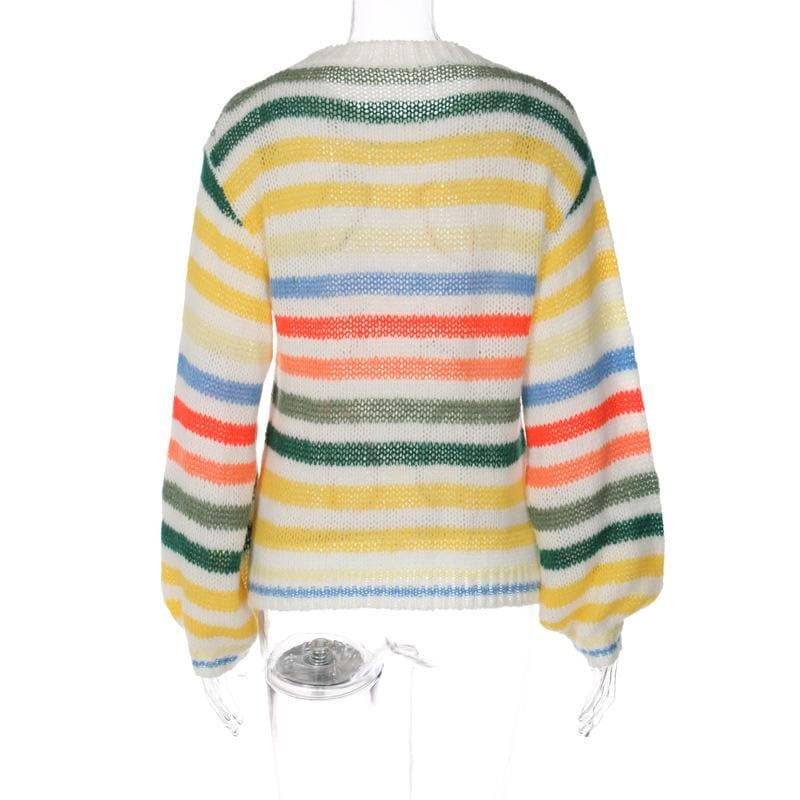 Crochet long sleeve striped contrast crewneck top