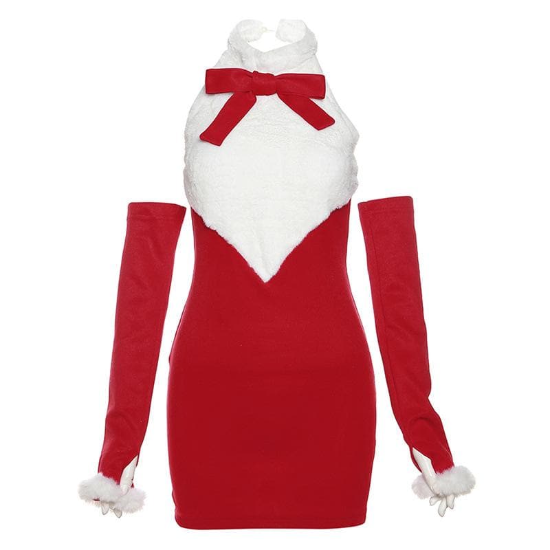 Bowknot contrast halter fluffy gloves backless mini dress