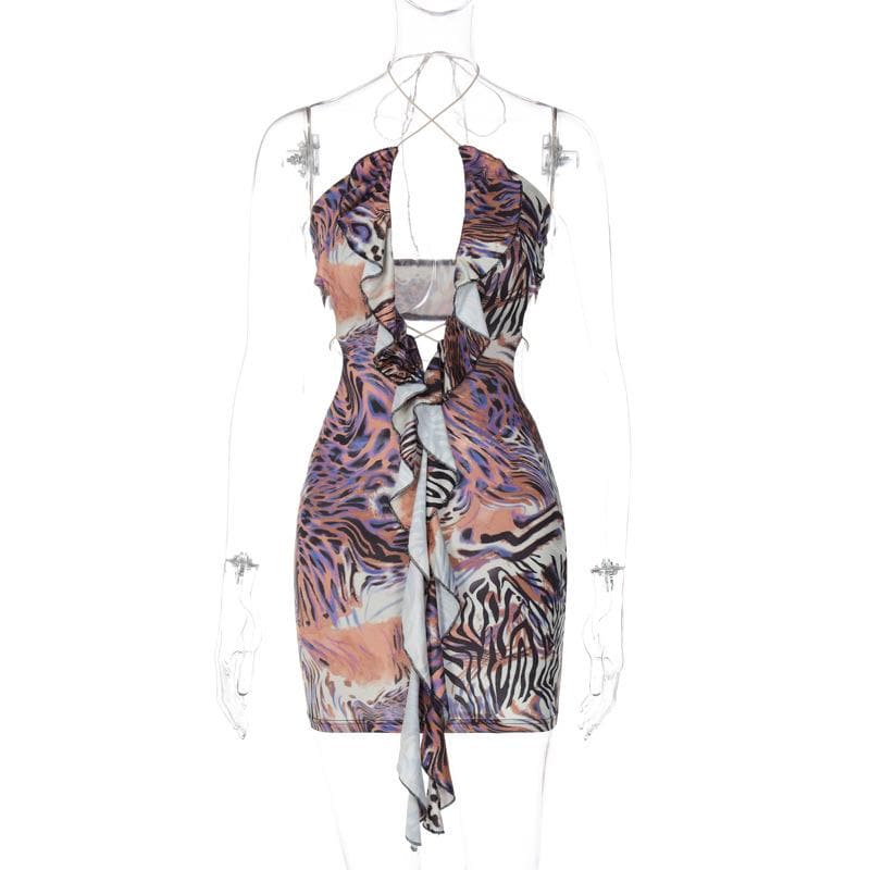 Halter self tie cross front backless ruffle contrast print mini dress