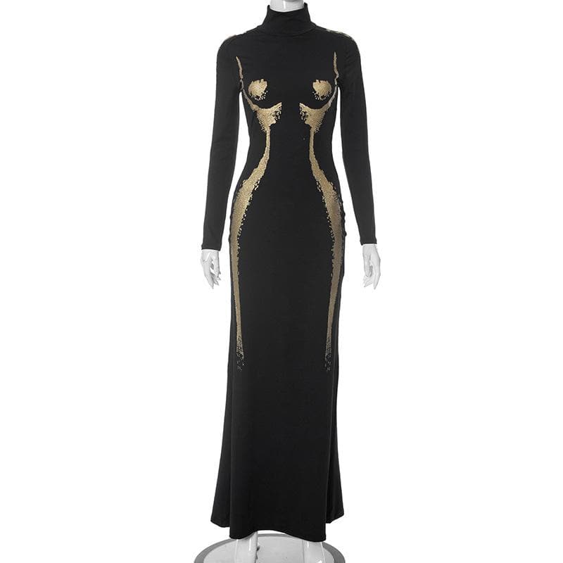 High neck long sleeve body print contrast maxi dress