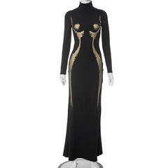 High neck long sleeve body print contrast maxi dress