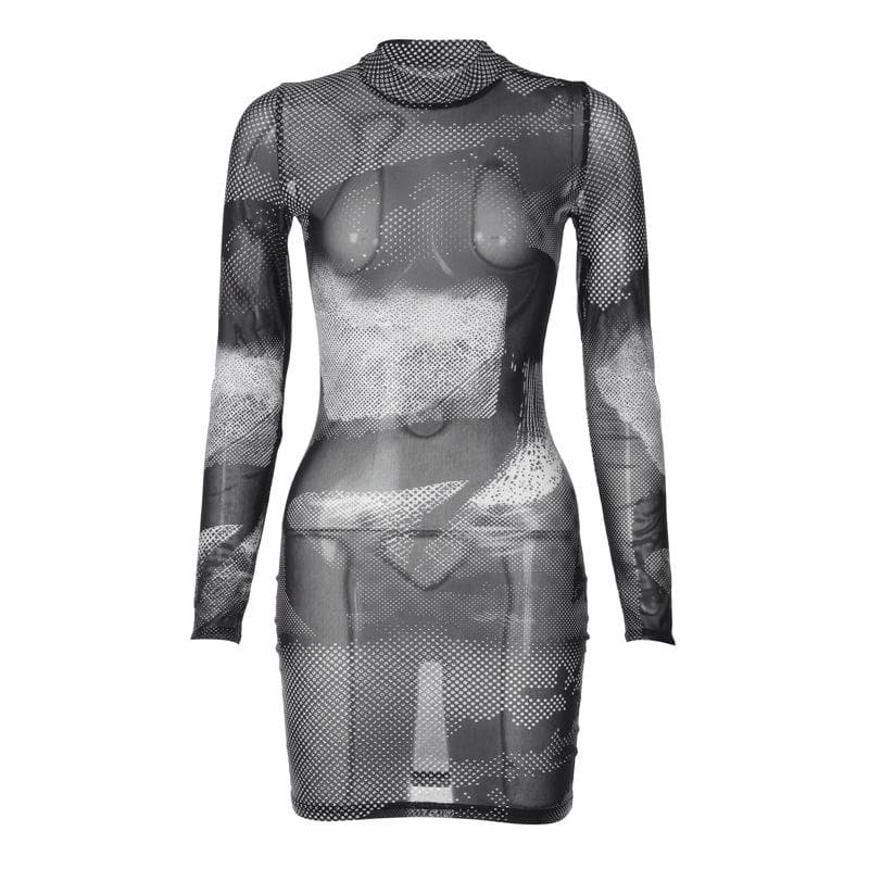 Long sleeve sheer mesh see through contrast polka dot mini dress