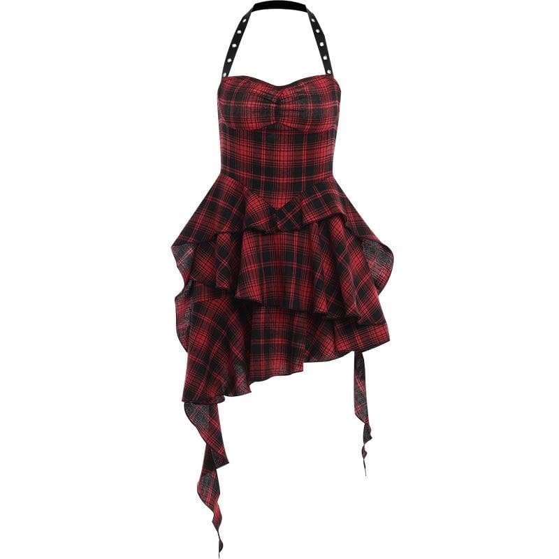 Zip-up halter contrast irregular plaid backless mini dress | victorian gothic dresses