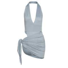 Vestido ajustado fruncido con cuello halter en V y nudo