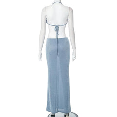 Halter solid backless self tie ruched maxi skirt set