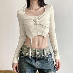 Patchwork butterfly buckle long sleeve solid square neck crop top