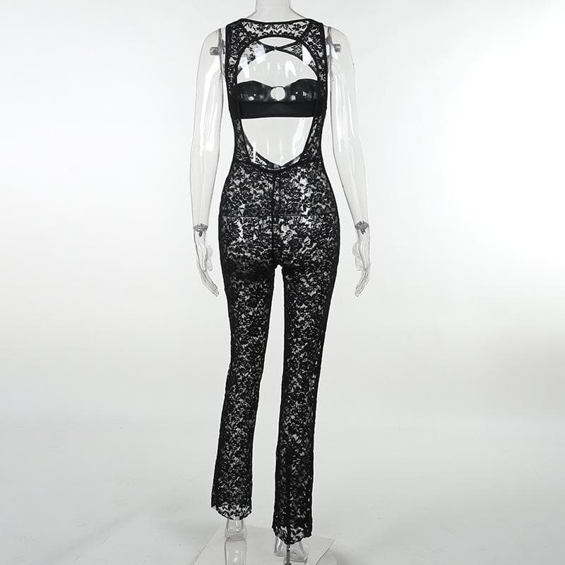 Hollow out lace solid sleeveless o ring tube jumpsuit