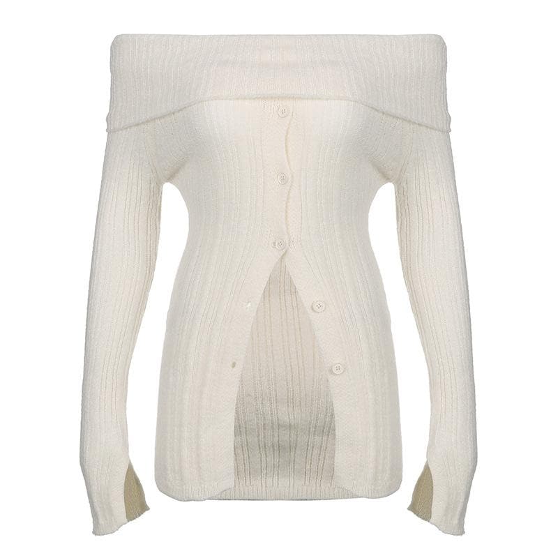 Long sleeve solid slit knitted off shoulder button top