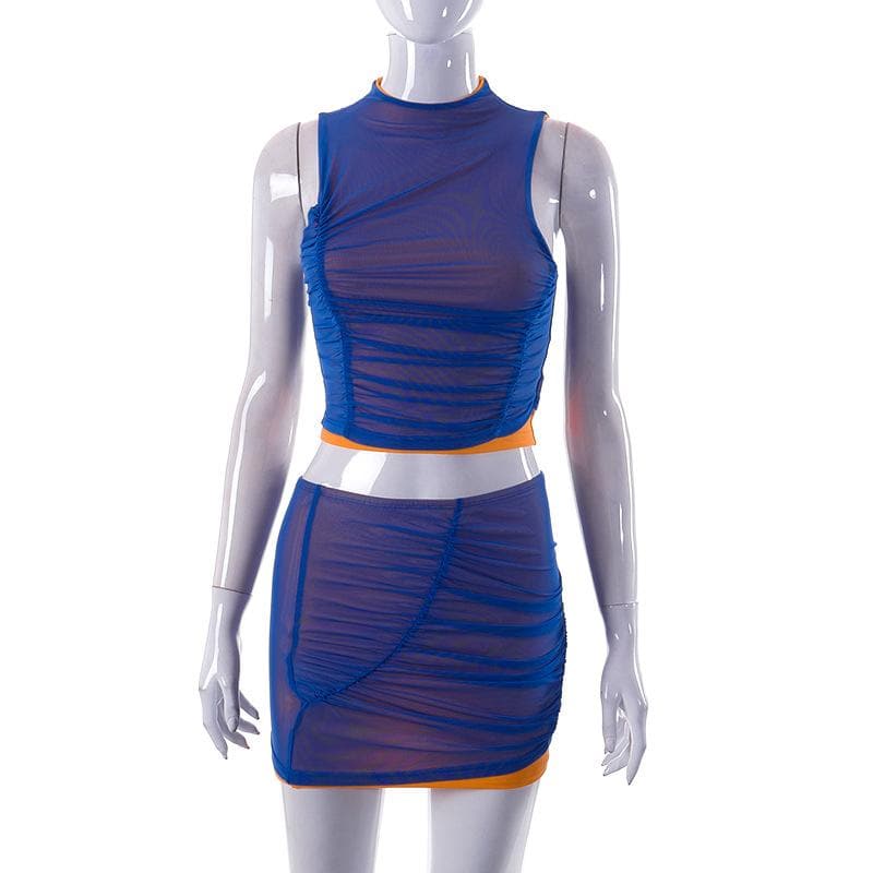 Mesh contrast sleeveless ruched mini skirt set