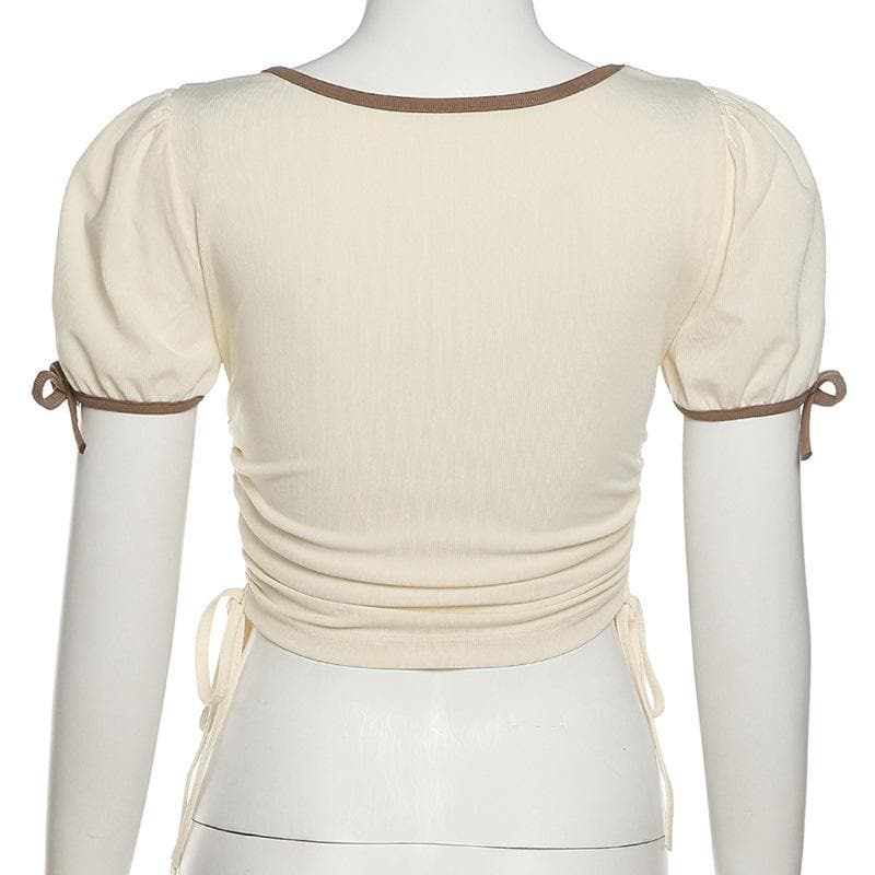 Ruched drawstring short sleeve bowknot self tie crop top