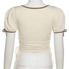 Ruched drawstring short sleeve bowknot self tie crop top