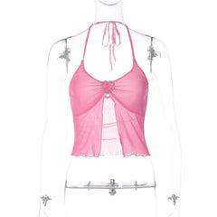 Solides Neckholder-Crop-Top aus transparentem Netzstoff mit Schnalle und Rüschen