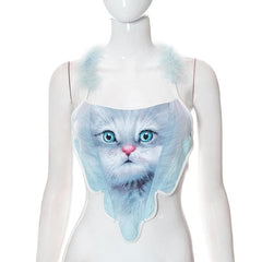 Neckholder-Crop-Top mit Katzenprint und offenem Rücken und Federn zum Selbstbinden