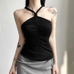 Ruched solid backless knotted sleeveless top