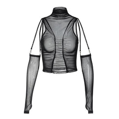 Ruched sheer mesh solid see through gloves button crop top