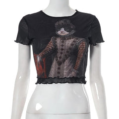 Mesh cat pattern short sleeve ruffle contrast crop top