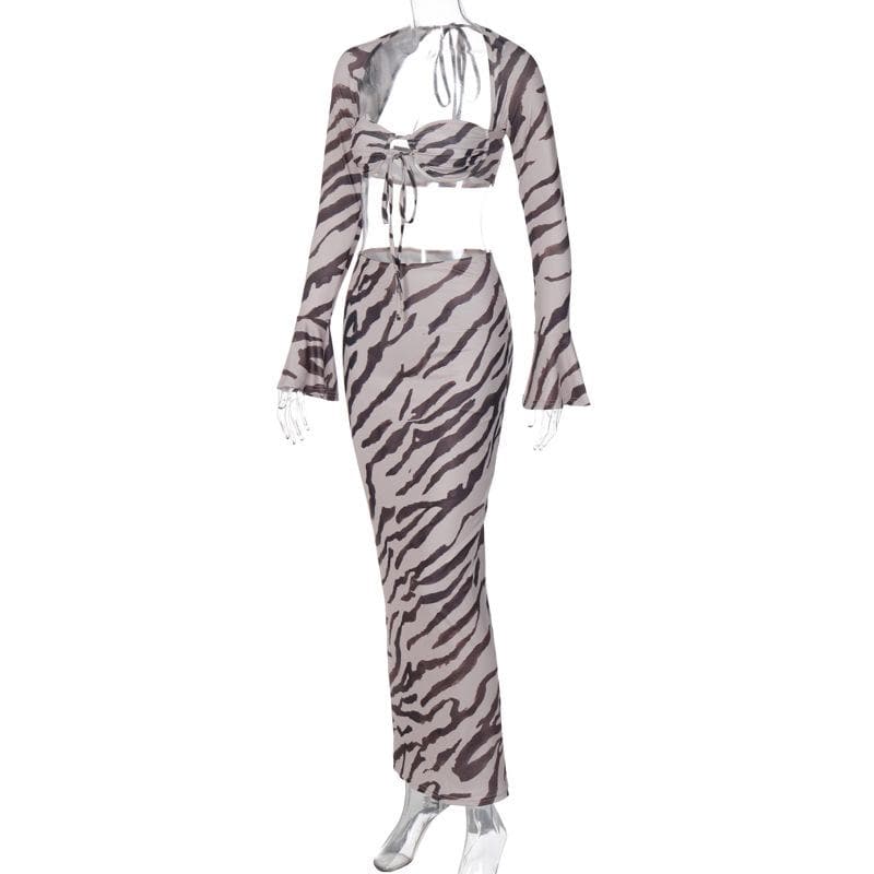 Zebra print low cut flared sleeve self tie contrast maxi skirt set